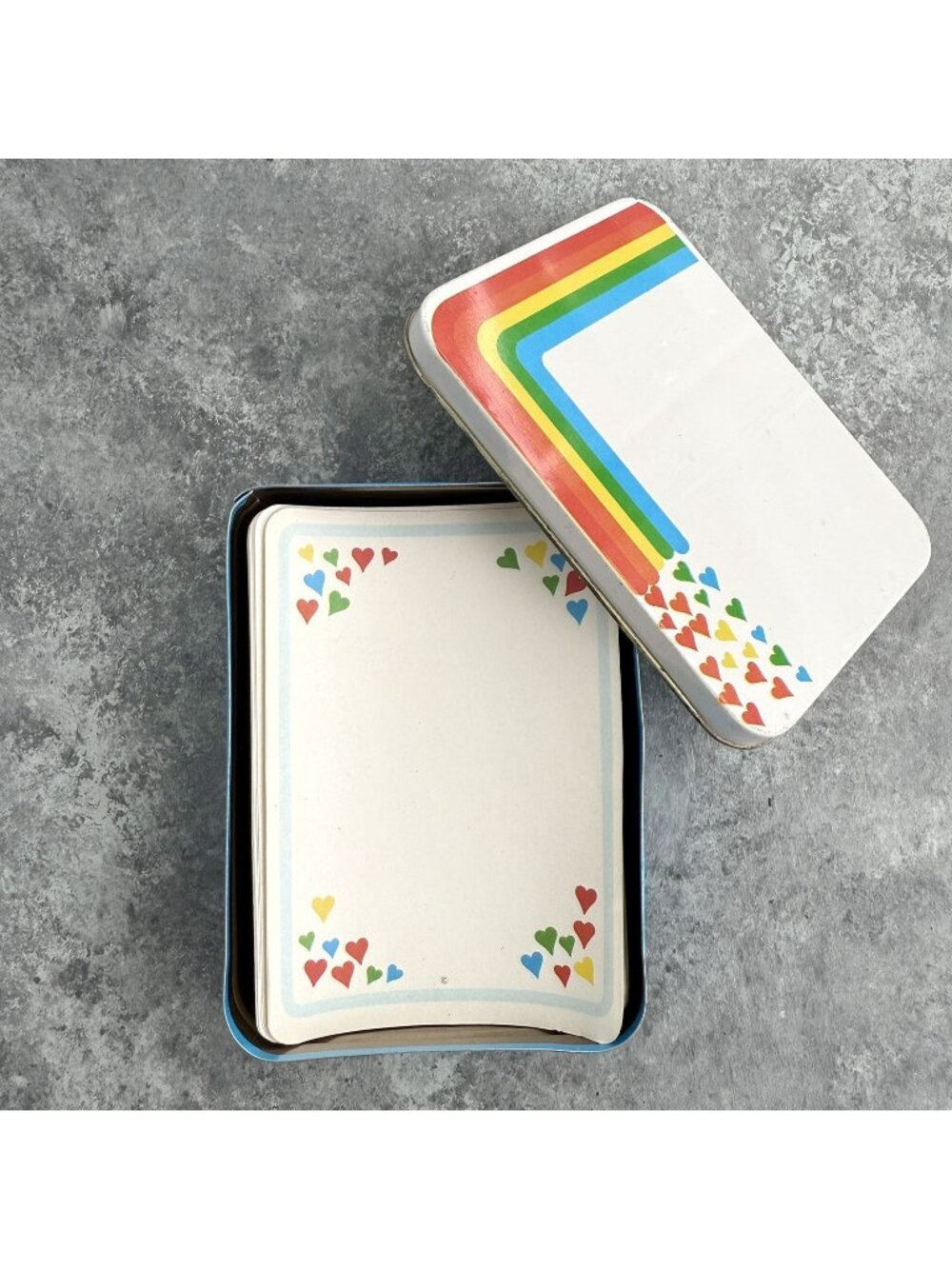 Vintage Giftco Rainbow Hearts Stationary Notes Paper Tin Made in Hong Kong
